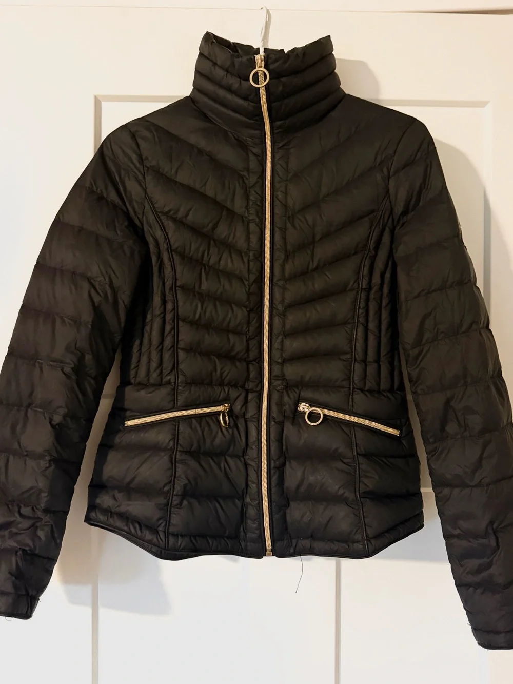 Michael Kors Black Quilted Puffer Jacket with Gold Zipper Accents